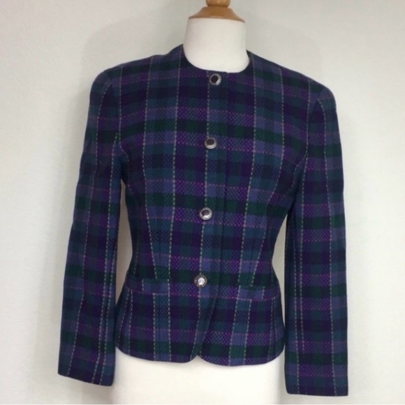 Vintage Pendleton Women Pure Wool Purple Green Plaid Blazer Size Small Classic - Picture 1 of 14